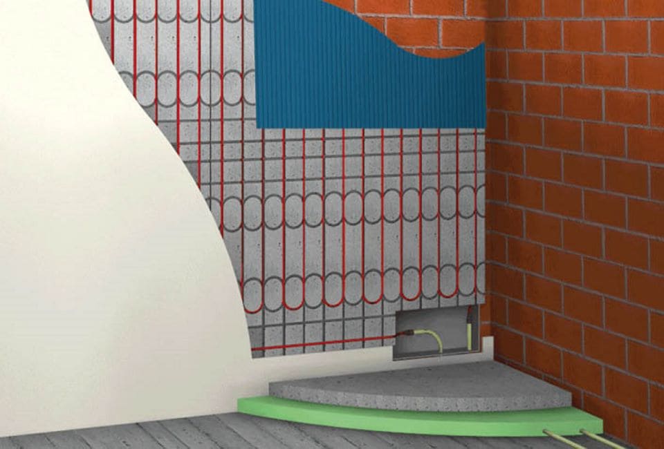 Grafik einer eingebauten Wandheizung von Actifloor im Nasssystem